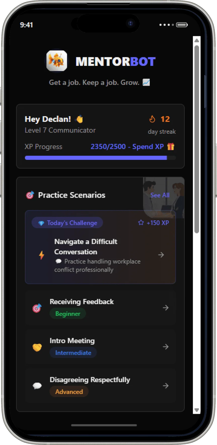 The dark MentorBot home screen from Lovable, in an iPhone frame