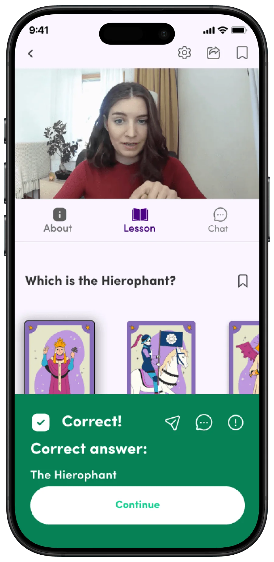 A lesson quiz confirming that the Hierophant is the correct answer