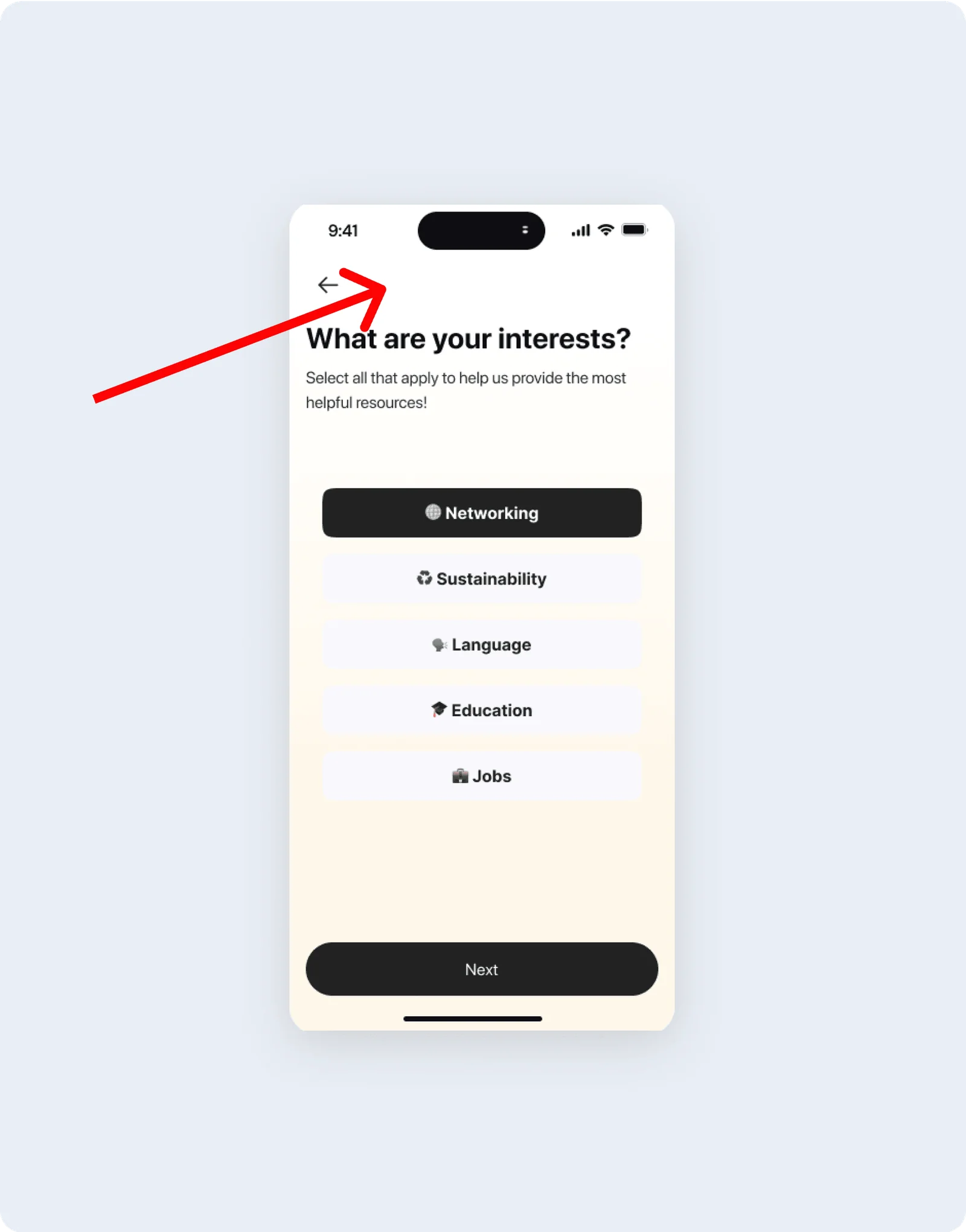 Before: the interests step of onboarding, with no sign of how far along you are