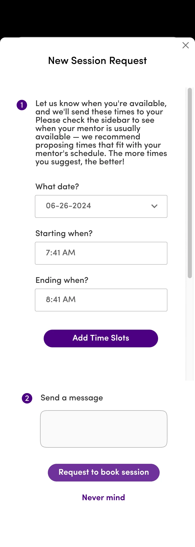 After: the updated New Session Request modal with simpler fields and a button to add time slots