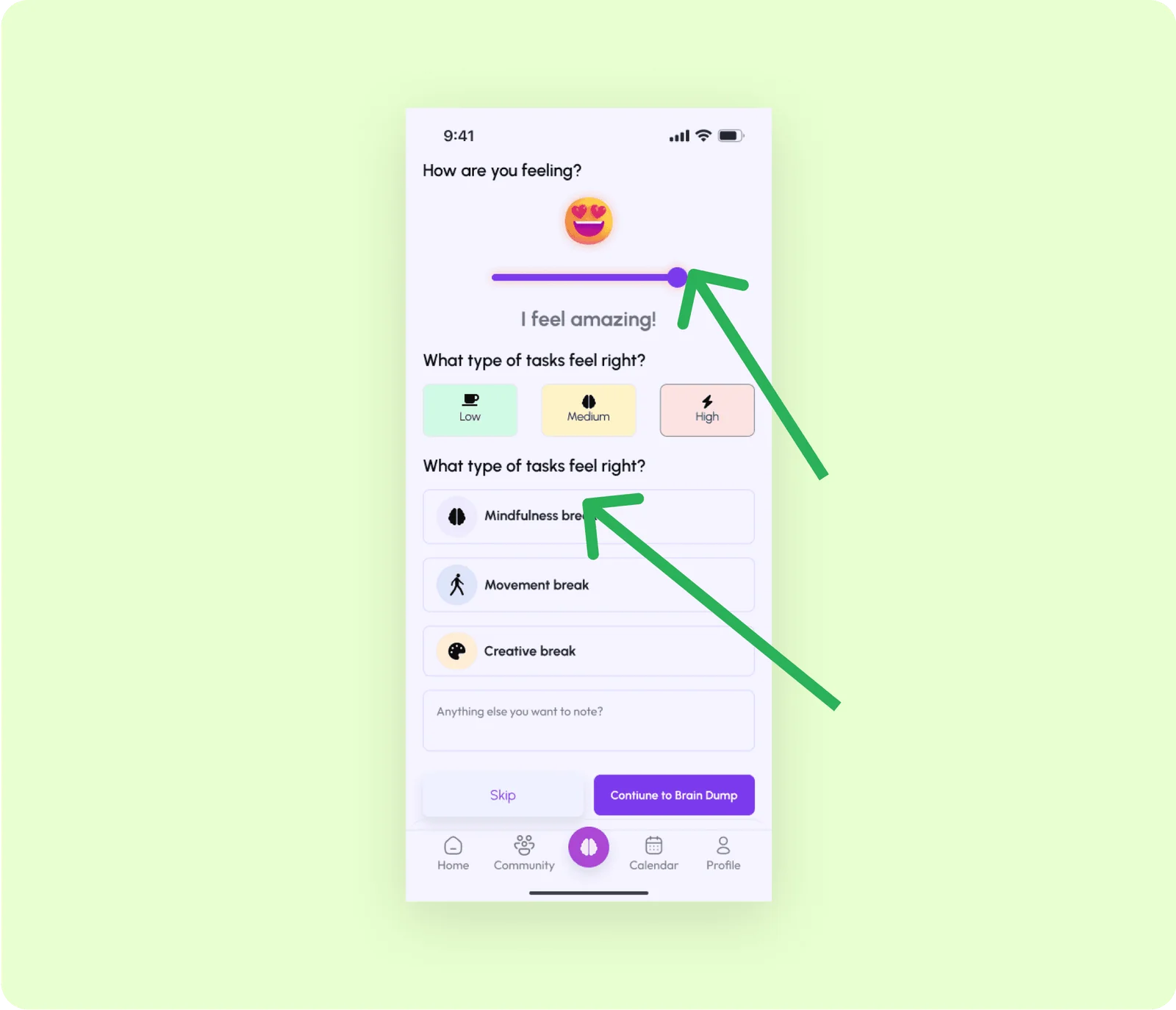 After: the mood check-in as a sliding emoji scale