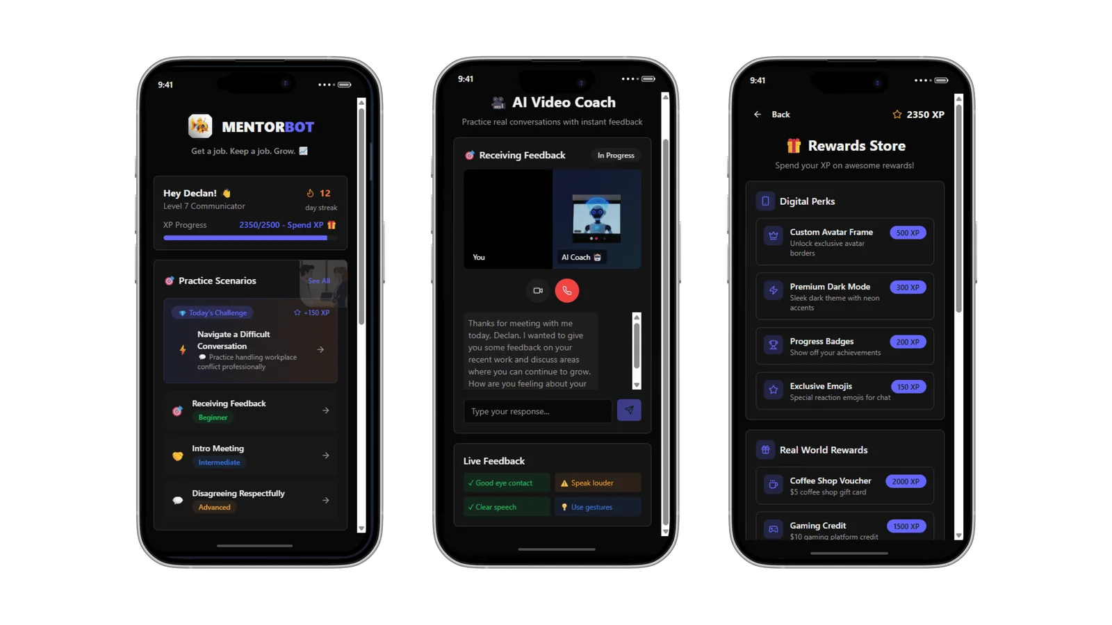 3 MentorBot screens: the home dashboard, an AI video coach session and the rewards store