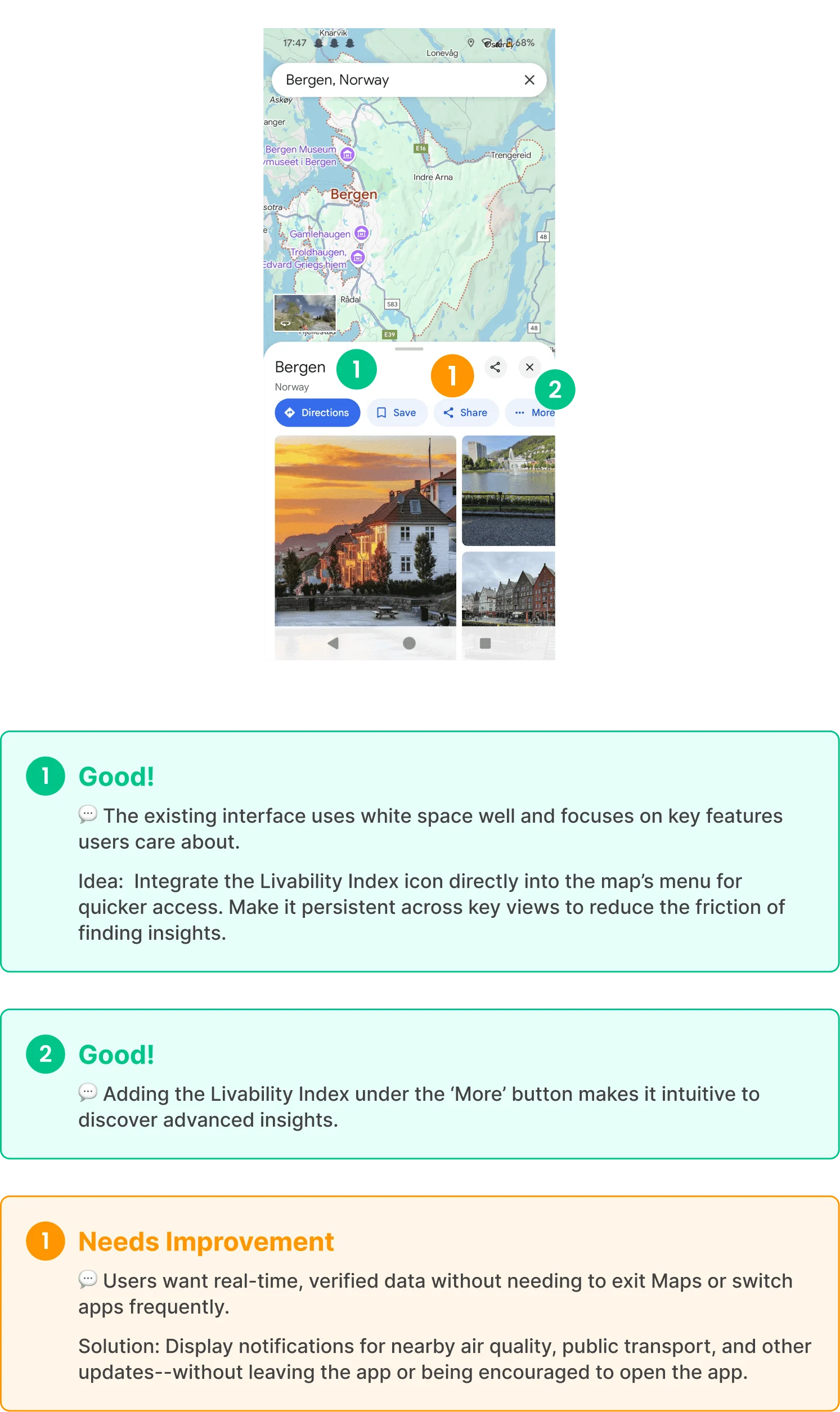 An annotated Google Maps place screen for Bergen, with notes on what works and what needs improvement