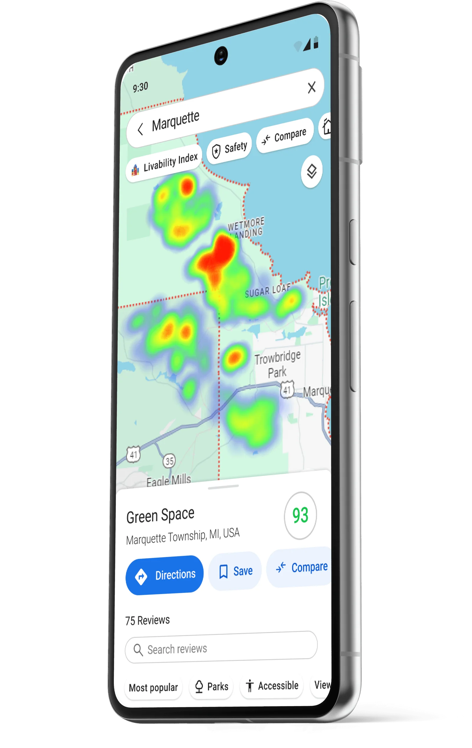 A phone showing a colour-coded green space overlay on the map of Marquette