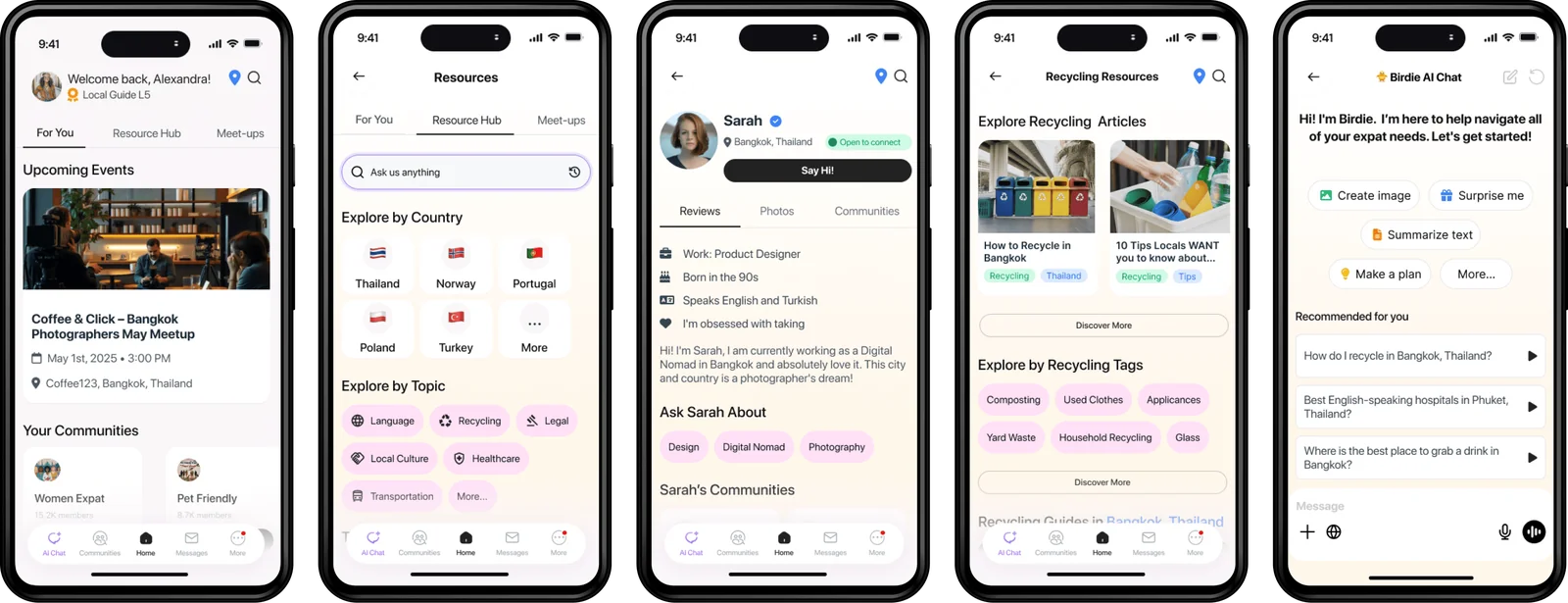 5 WanderNest screens: the events feed, the resource hub, an expat profile, recycling guides and a chat with Birdie