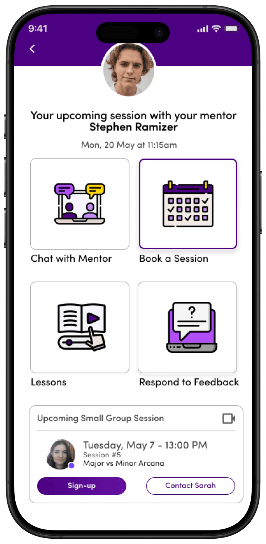 An upcoming mentor session, with options to chat, book a session, open lessons or respond to feedback