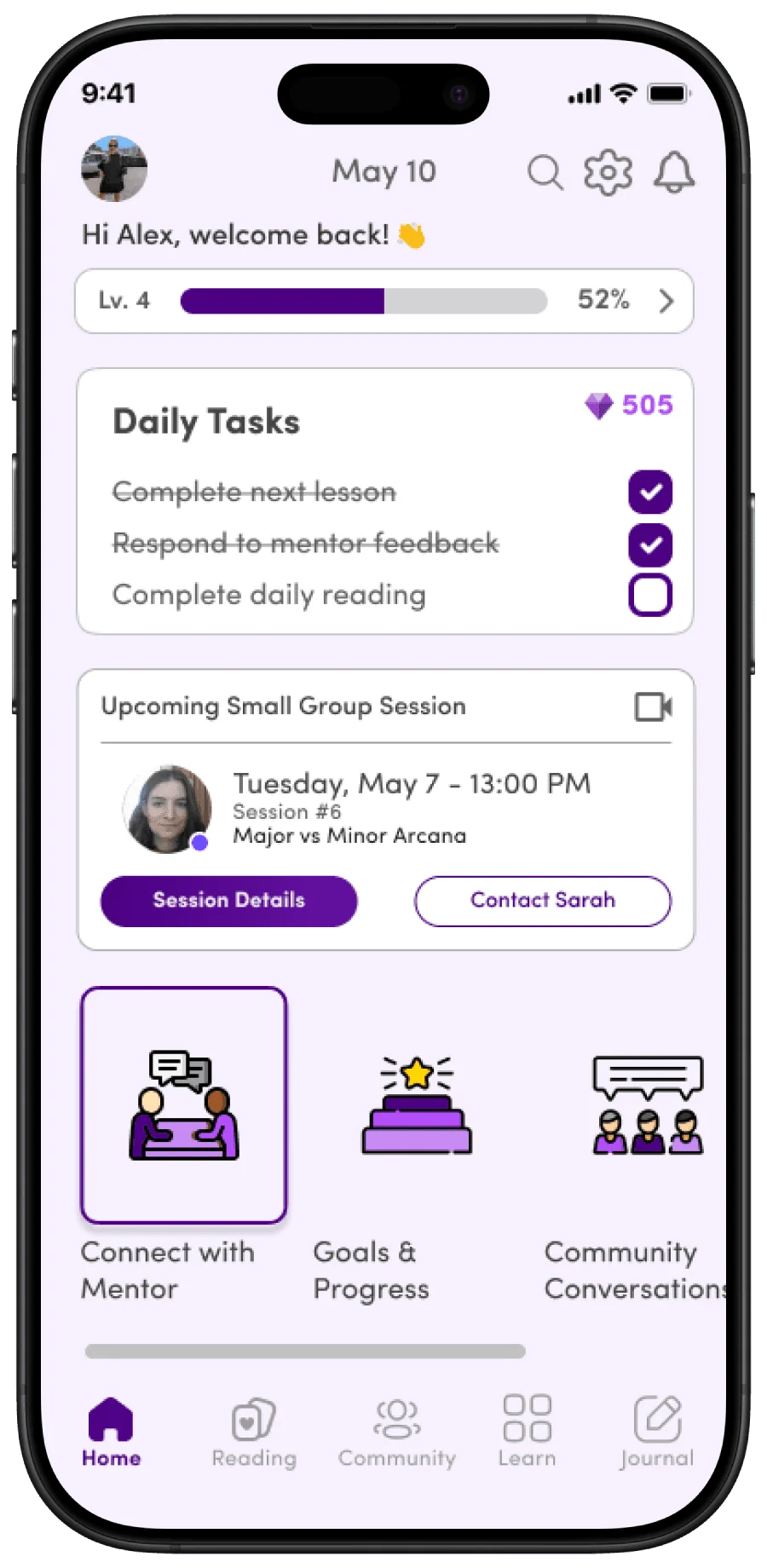 The Tarot Together home screen with daily tasks and an upcoming group session