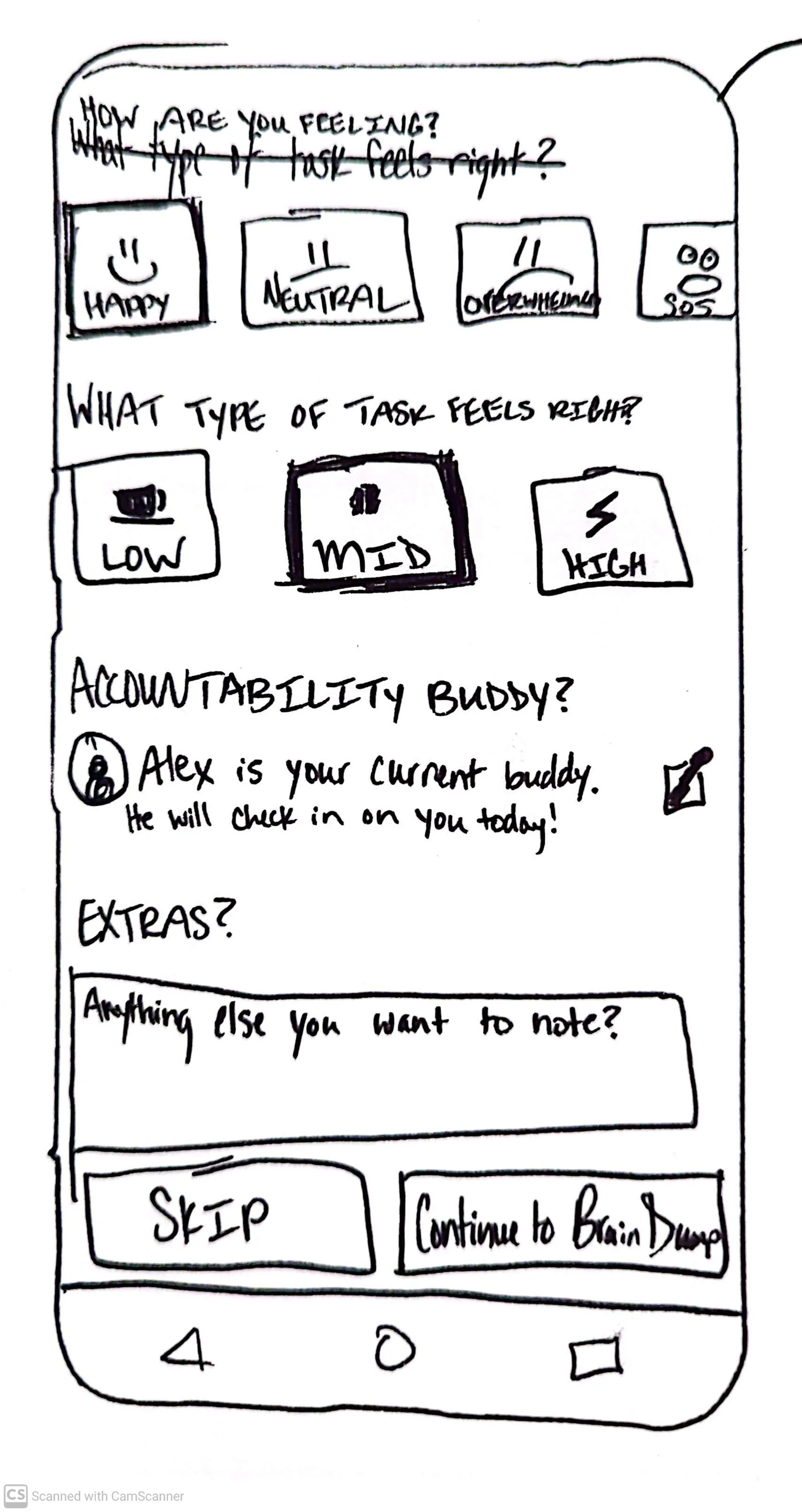 Hand sketch: a check-in asking how you feel and what type of task feels right