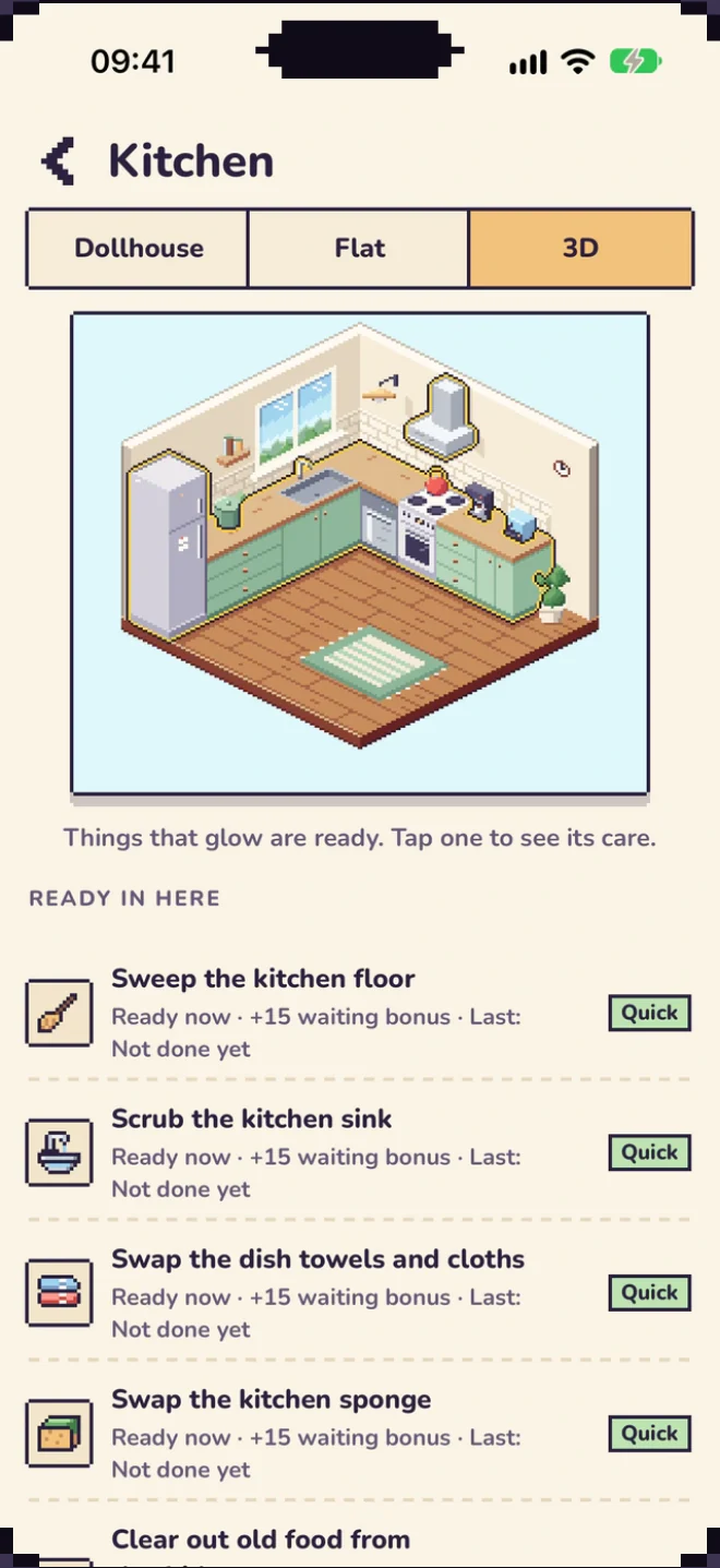 The kitchen up close, with the chores that are ready listed underneath
