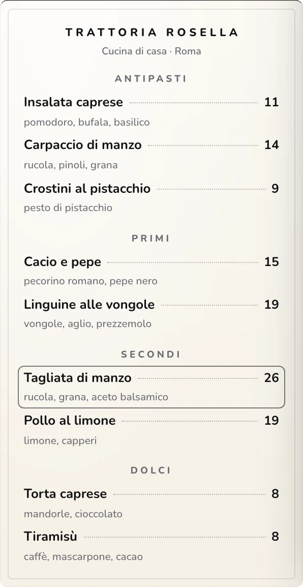 A paper menu in Italian