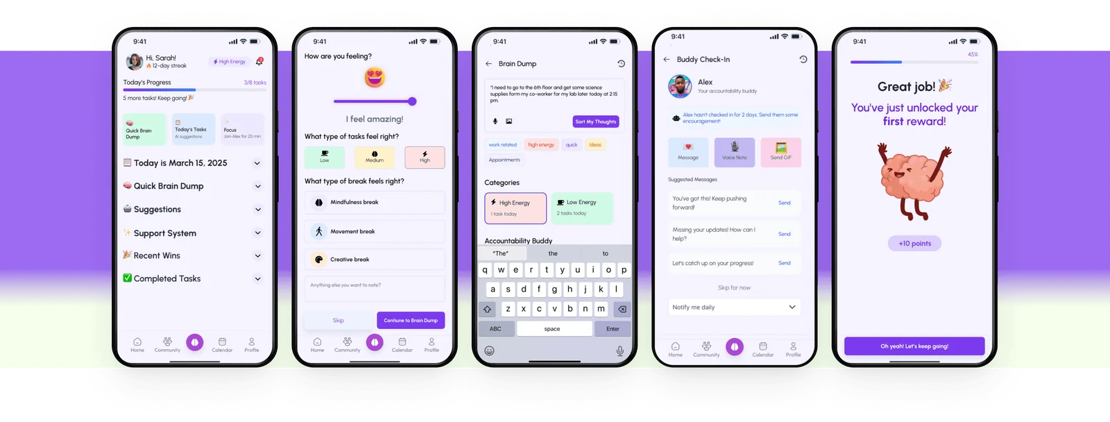 5 UnStuck screens: the home dashboard, the mood check-in, a brain dump, a buddy check-in and a reward