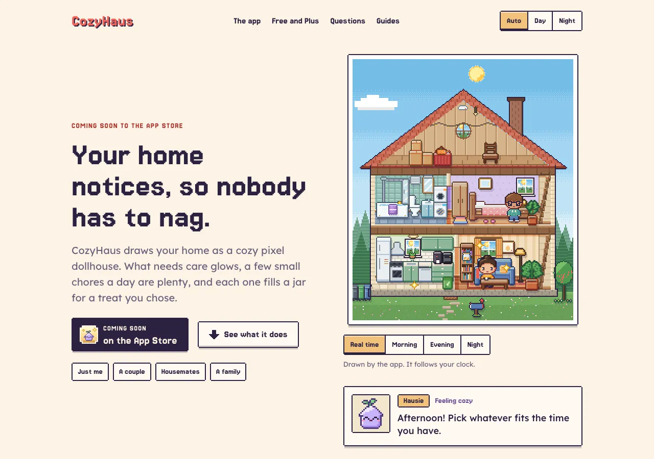 The cozyhaus.app homepage with the pixel dollhouse and buttons to switch it between morning, evening and night