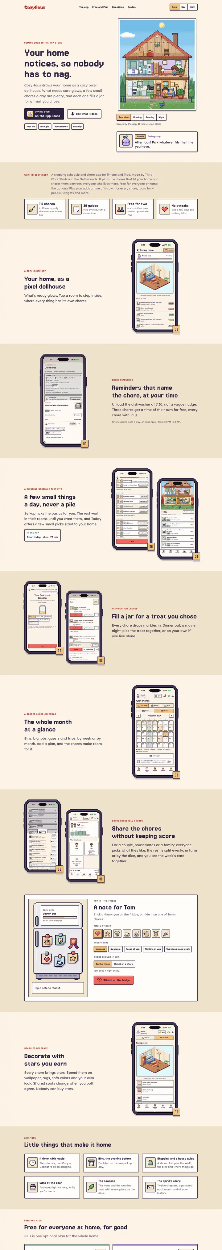 The cozyhaus.app website, scrolling from top to bottom