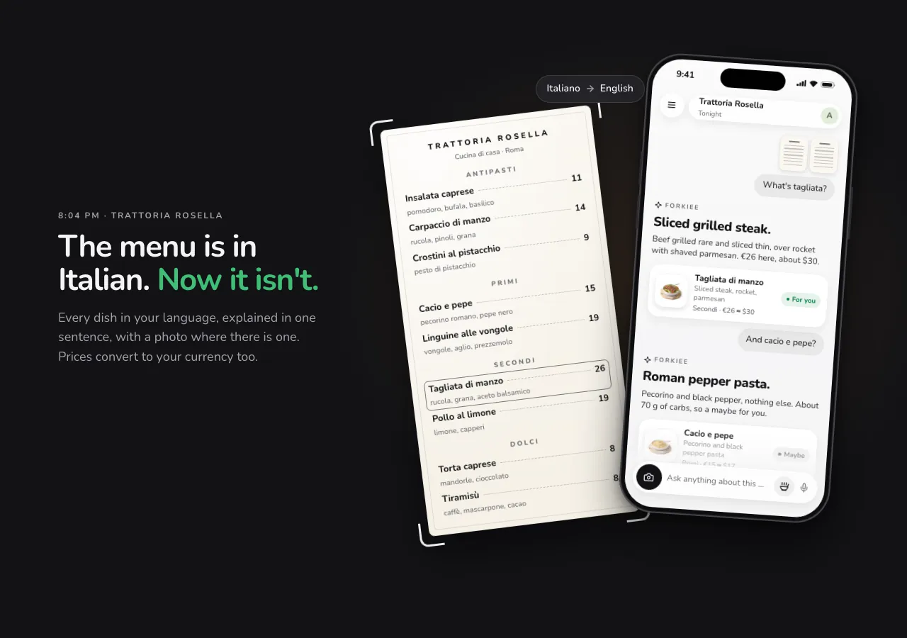 Forkiee translating an Italian menu into English, with prices converted
