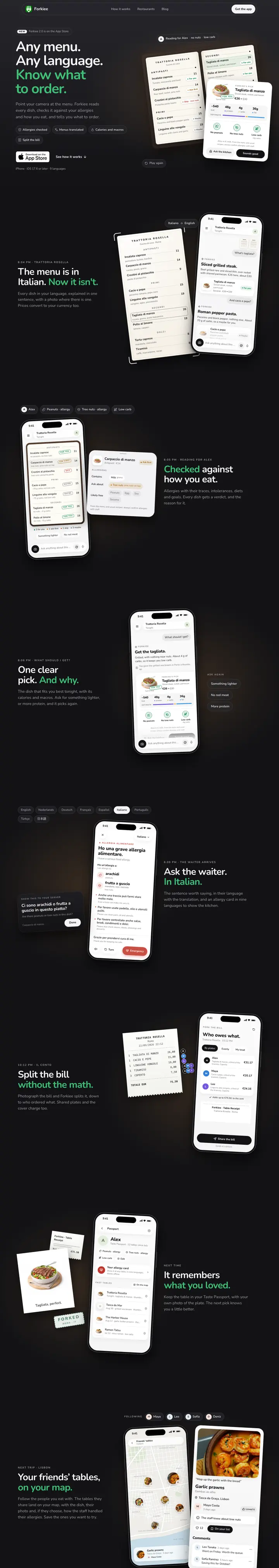 The forkiee.app website, scrolling from top to bottom