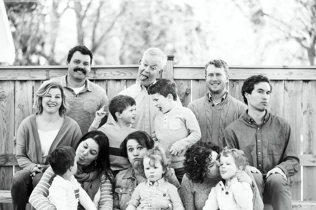 Everyone pulling a face, in black and white