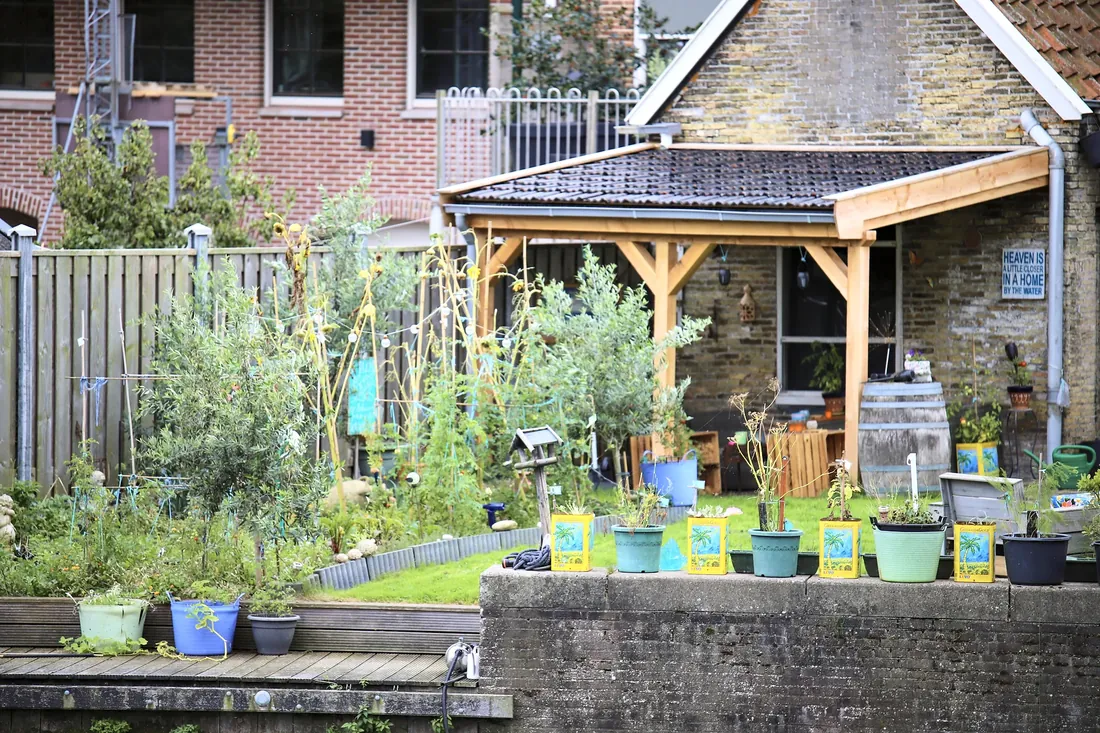 A garden full of pots behind a brick house