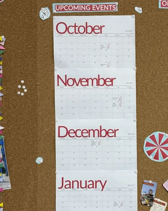 The upcoming events calendar on the corkboard, October to January