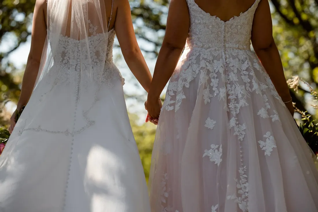 Two brides holding hands