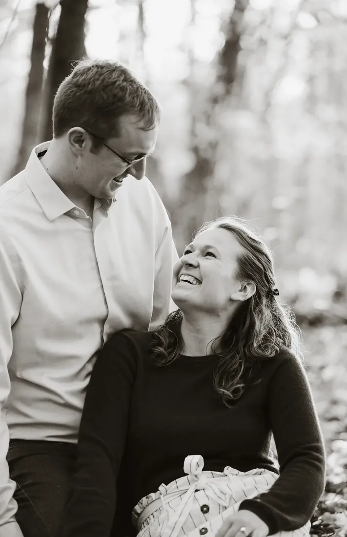 Nancy & Alex: laughing, in black and white
