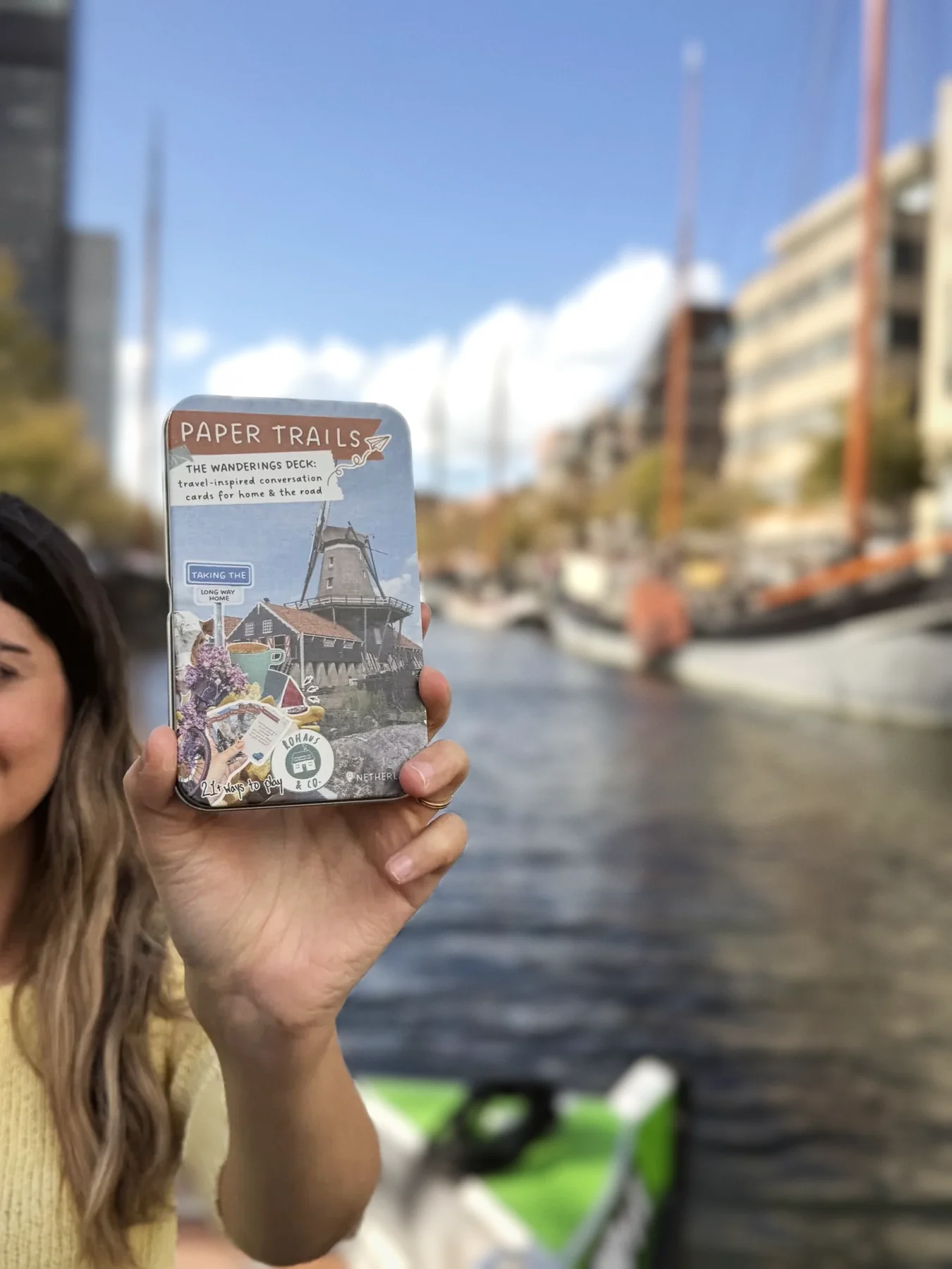 The Paper Trails tin, out on a boat on a Leeuwarden canal