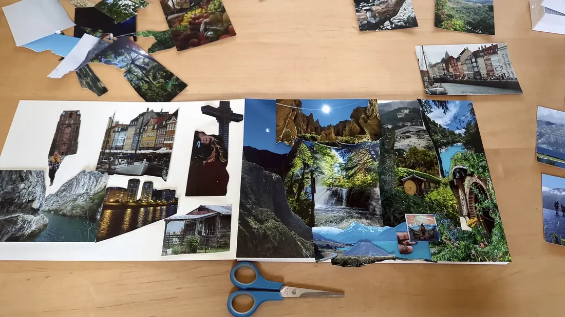 Cut-up travel photos on the table, scissors still out