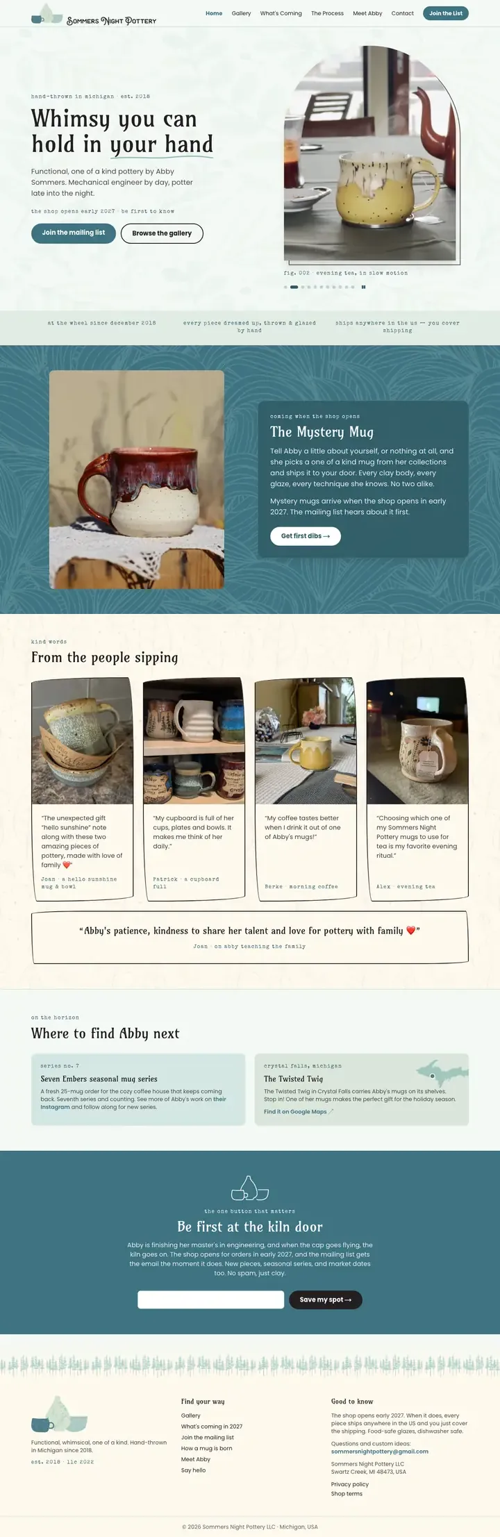 The Sommers Night Pottery homepage, scrolling from the arched photo slideshow down to the sign-up