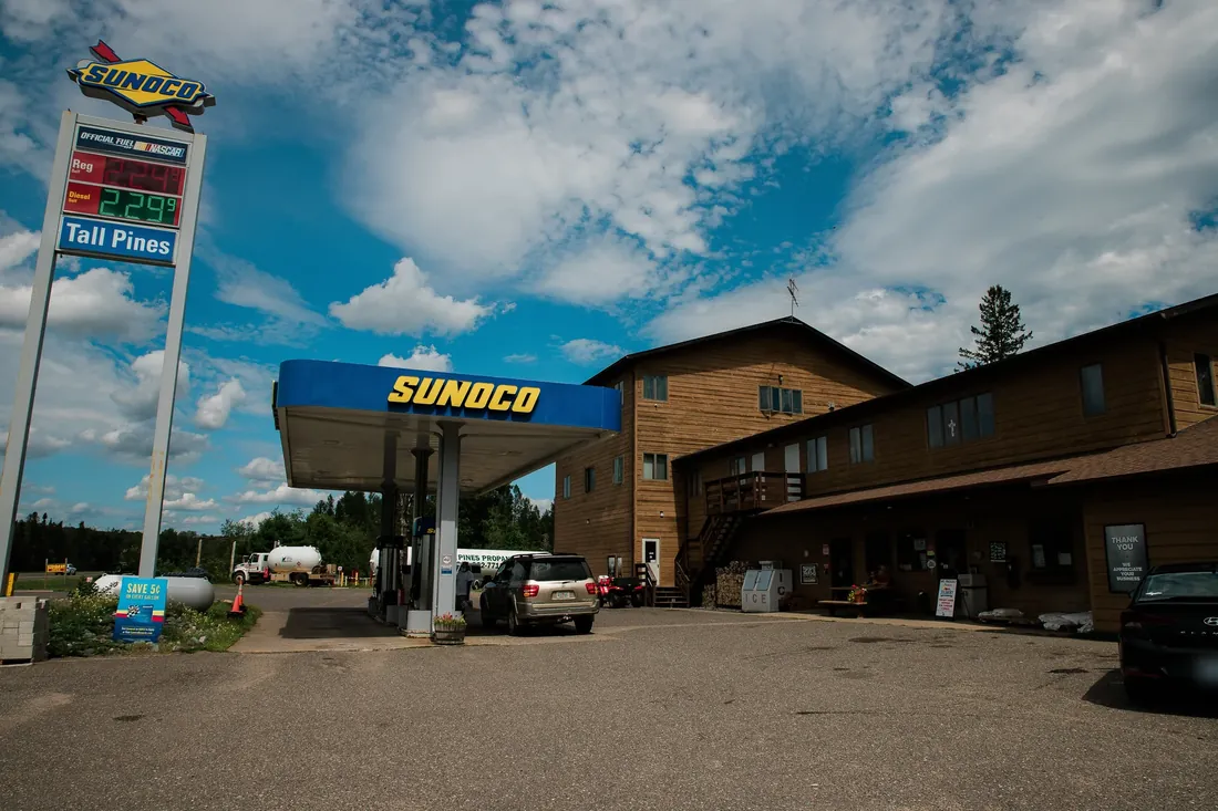 Tall Pines from the road: the pumps, the store and the rooms upstairs