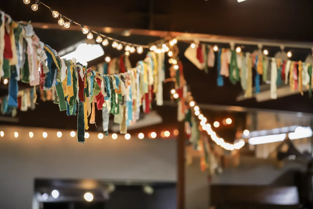 Fabric flags and string lights