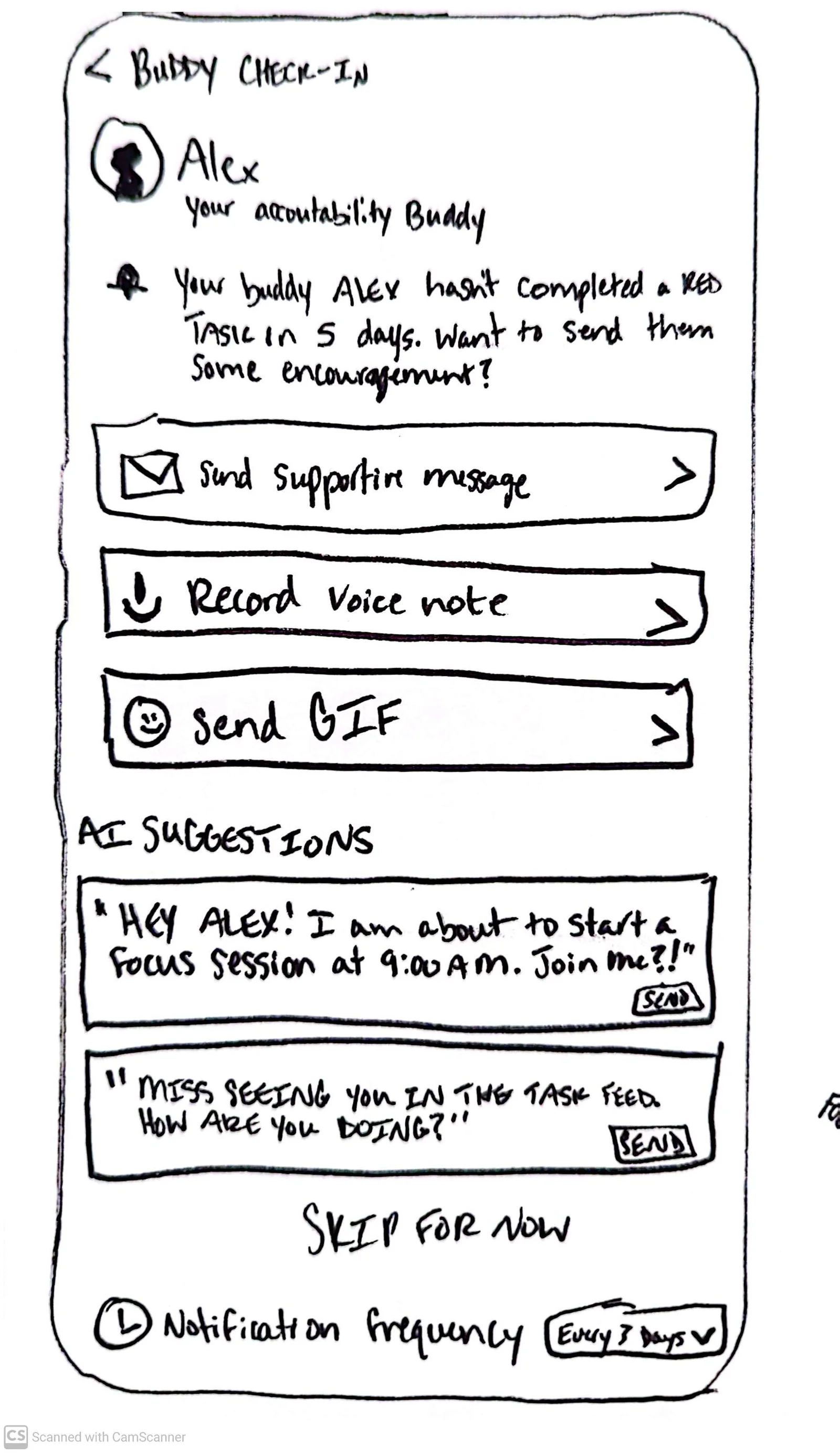 Hand sketch: checking in on a buddy, with AI-suggested messages