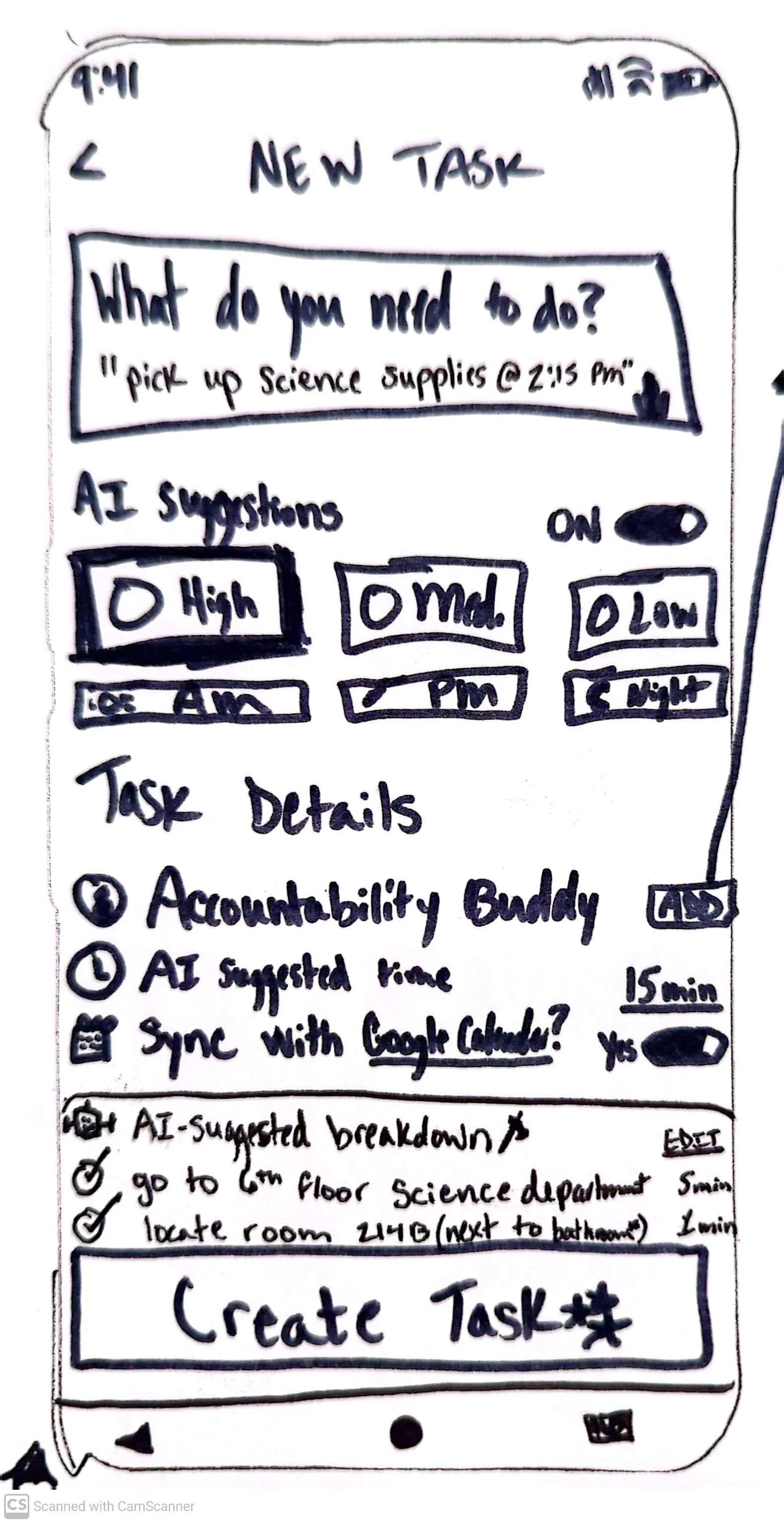 Hand sketch: a new task with AI suggestions for effort, time and an accountability buddy